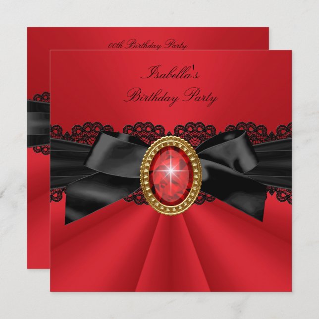 Elegant Red Black Gold Jewel Birthday Party Invitation (Front/Back)