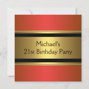 Elegant Red Black & Gold Metal 21st Birthday Invitation