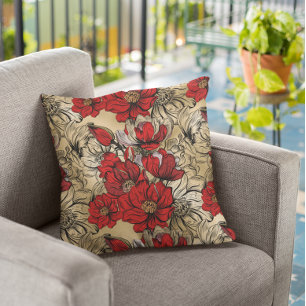 Elegant Red Black Gold Rose Flower pattern Cushion