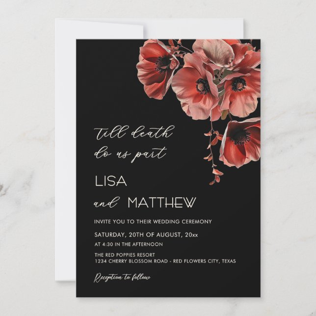 Elegant Red Black Goth Wedding Invitation (Front)