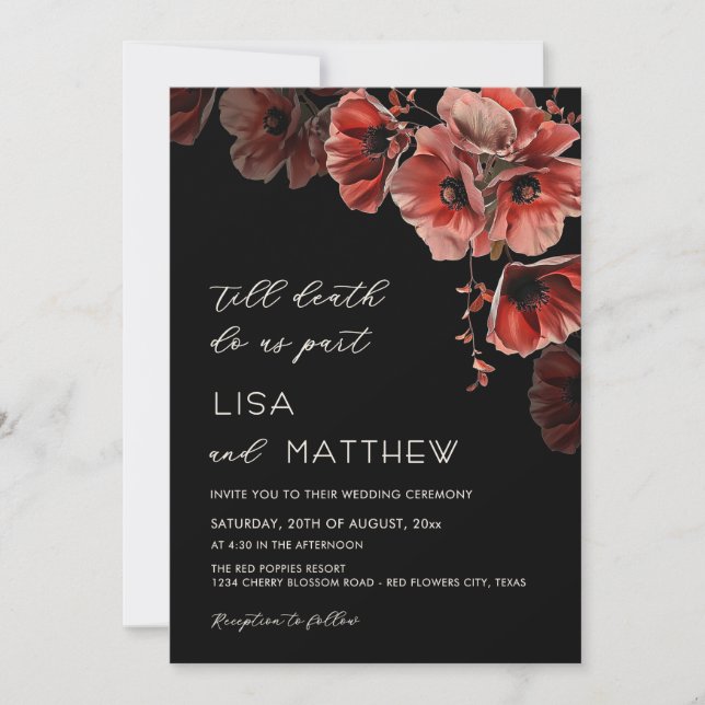 Elegant Red Black Goth Wedding Invitation (Front)