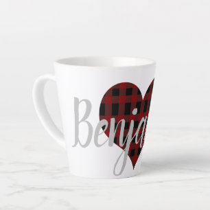 Elegant Red Black Heart Plaid Tartan Monogrammed Latte Mug