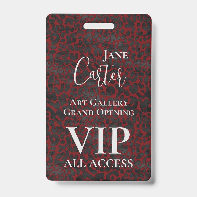 Elegant Red Black Leopard VIP All Access Pass  ID Badge (Front)