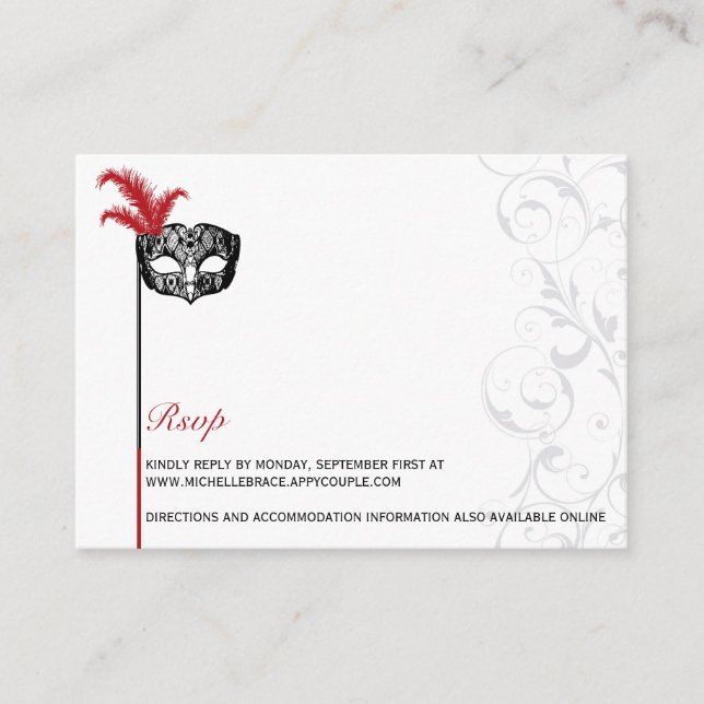 Elegant Red Black Masquerade RSVP Enclosure Card (Front)