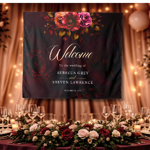 Elegant Red Black Moody Floral Wedding Backdrop Tapestry