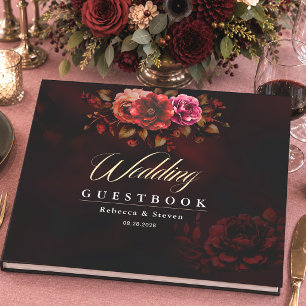 Elegant Red Black Moody Floral Wedding Keepsake Guest Book