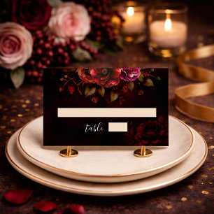 Elegant Red Black Moody Floral Wedding Reception Place Card