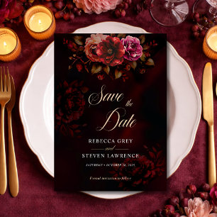 Elegant Red Black Moody Floral Wedding Save Date Save The Date