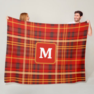Elegant Red Black Plaid Monogram Custom  Fleece Blanket