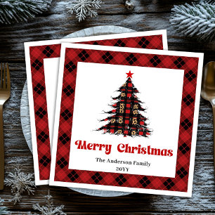 Elegant Red Black Plaid Tree Napkin Editable