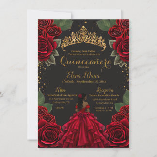 Elegant Red Black Quinceañera Roses Gold Glitter Invitation