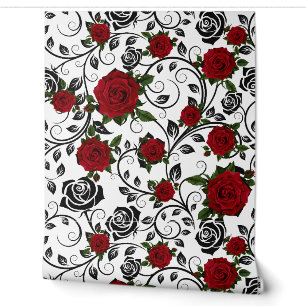 Elegant Red & Black Rose Floral Vintage Wallpaper
