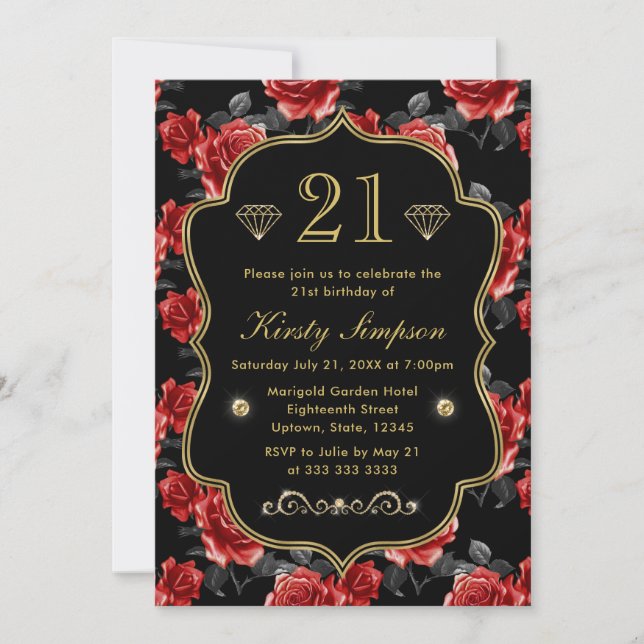 Elegant Red & Black Roses with Gold Frame Birthday Invitation (Front)