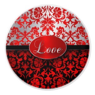 Elegant Red, Black, Silver Damask Ceramic Knob