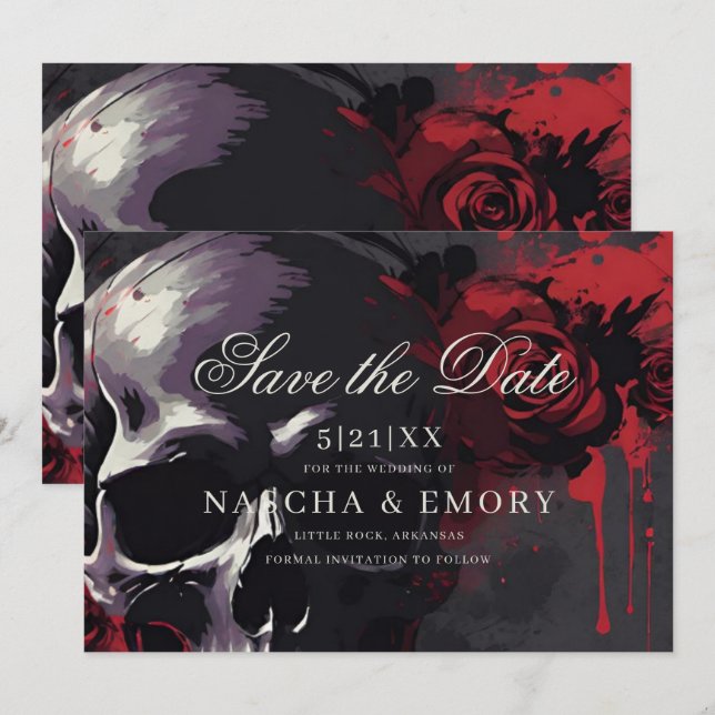 Elegant Red & Black Skull Roses Gothic Wedding Save The Date (Front/Back)