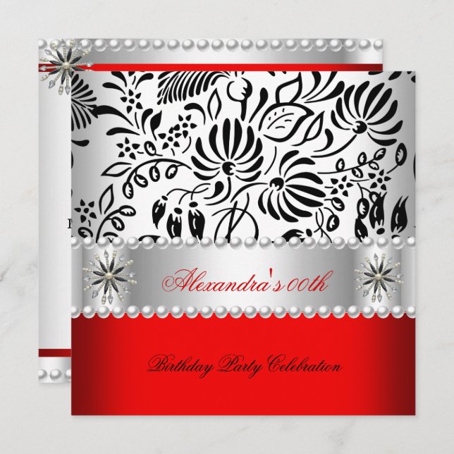 Elegant Red Black White Damask Pearl Party Invitation (Front/Back)