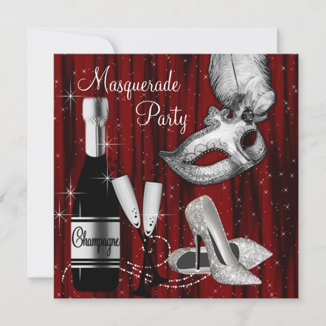 Elegant Red Black White Masquerade Party Invitation (Front)