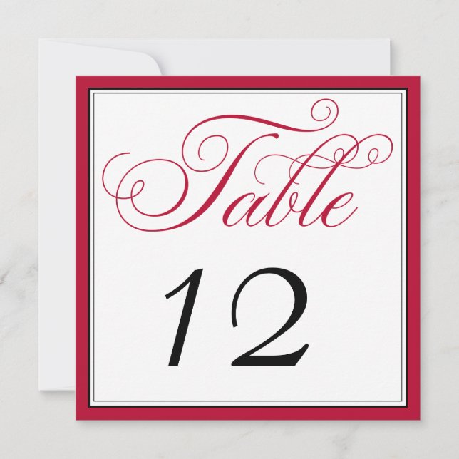 Elegant Red Black & White Script Table Number Card (Front)