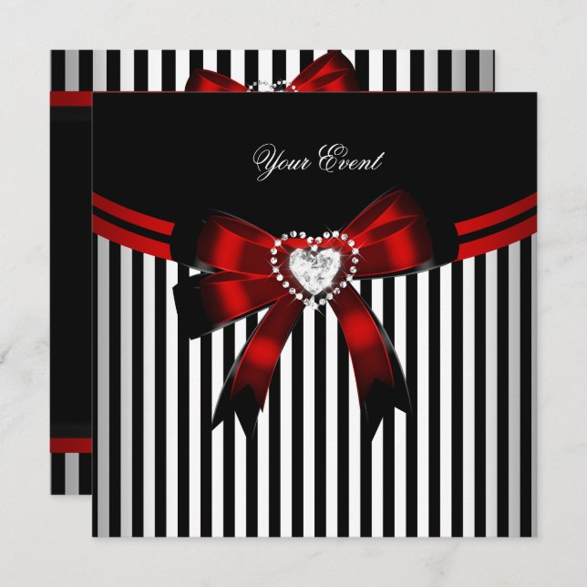 Elegant Red Black White Stripe Birthday Party Invitation (Front/Back)