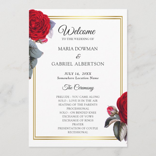 Elegant red blossom rose. Botanical Wedding Program (Front)