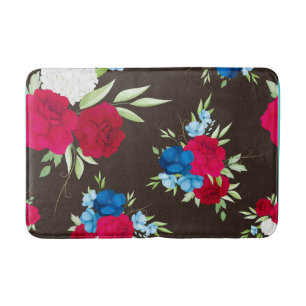 Elegant Red Blue Floral Pattern on Dark Brown Bath Mat