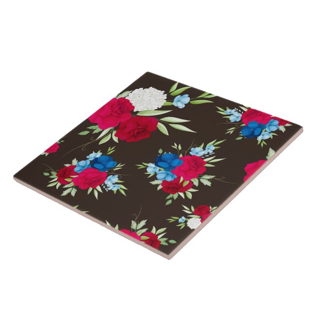 Elegant Red Blue Floral Pattern on Dark Brown Ceramic Tile (Side)