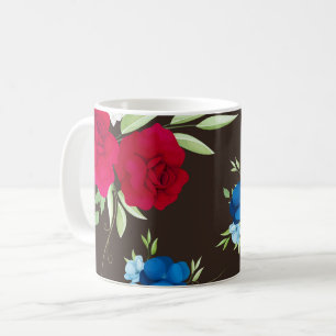 Elegant Red Blue Floral Pattern on Dark Brown Coffee Mug