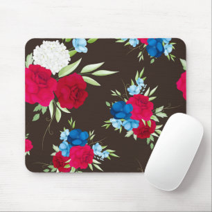 Elegant Red Blue Floral Pattern on Dark Brown Mouse Pad