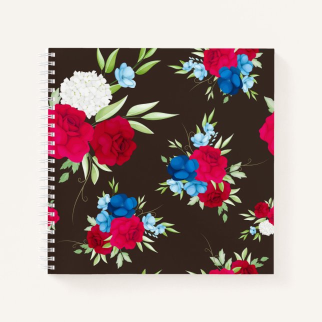 Elegant Red Blue Floral Pattern on Dark Brown Notebook (Front)