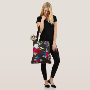 Elegant Red Blue Floral Pattern on Dark Brown Tote Bag