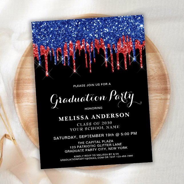 Elegant Red Blue Glitter Drip Patriotic Graduation Postcard (Creator Uploaded)