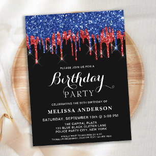 Elegant Red Blue Glitter Drips Patriotic Birthday Postcard