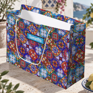 Elegant Red Blue Mexican Talavera Tiles Large Gift Bag