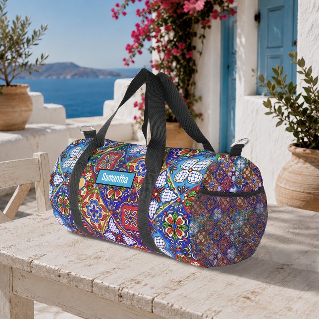 Elegant Red Blue Purple Talavera Tile Pattern Duffle Bag (Creator Uploaded)