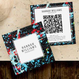 Elegant Red Blue Qr Code Colourful Painted Pattern Square Business Card