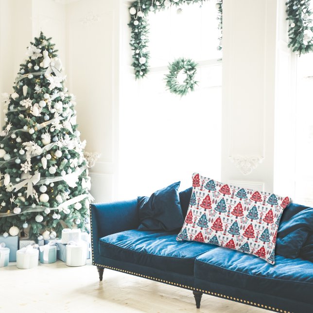Elegant Red Blue Scandinavian Christmas Tree Decorative Cushion (Creator Uploaded)