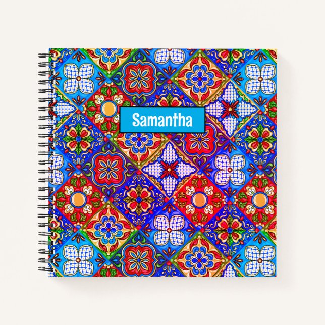 Elegant Red Blue Talavera Tile Mexican Art Notebook (Front)