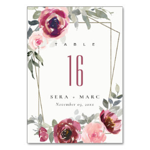 ELEGANT RED BLUSH BURGUNDY ROSE FLORAL WEDDING TABLE NUMBER