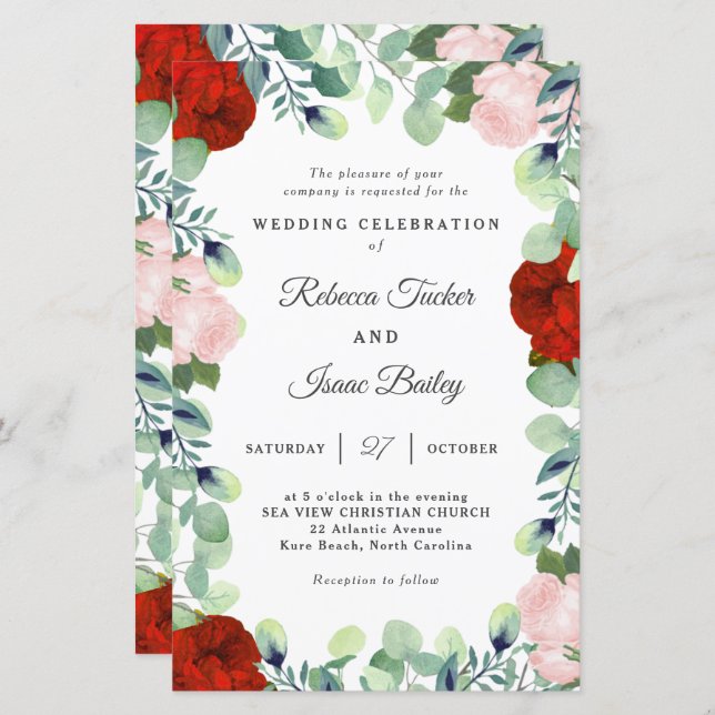 Elegant Red Blush Rose Greenery Wedding Invitation (Front/Back)