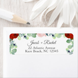 Elegant Red Blush Roses Greenery Wedding Return Address Label