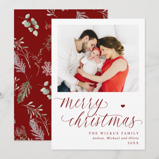 Elegant Red Botanical Merry 1 Photo Christmas Holiday Card (Front/Back)