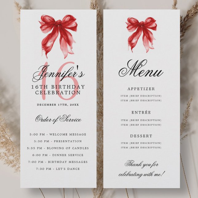 Elegant Red Bow 16th Birthday Program Menu (Elegant Red Bow 16th Birthday Program Menu)