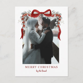 Elegant Red Bow and Eucalyptus Photo Christmas Ar Holiday Postcard
