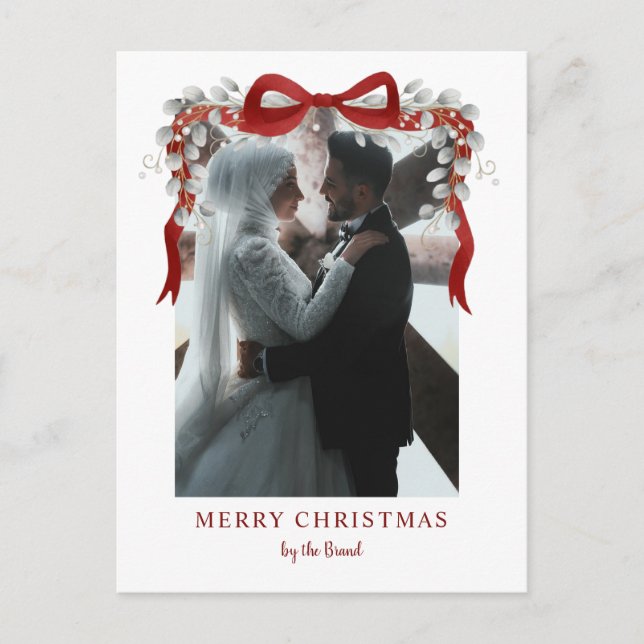 Elegant Red Bow and Eucalyptus Photo Christmas Ar Holiday Postcard (Front)