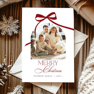 Elegant red bow arch photo Merry Christmas Holiday Card