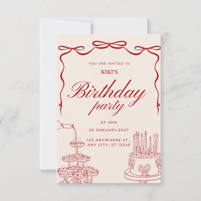 Elegant Red Bow Birthday Party Invitation (Front)