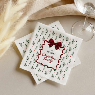 Elegant Red Bow Botanical Christmas Party Napkin