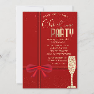 Elegant Red Bow,Champagne Glass Christmas Company  Invitation