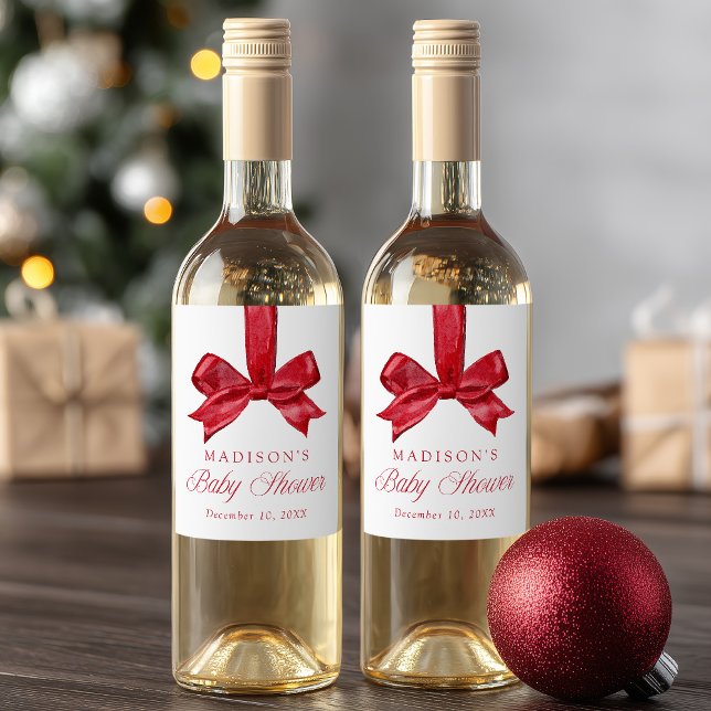 Elegant Red Bow Christmas Baby Shower Wine Label (Creator Uploaded)