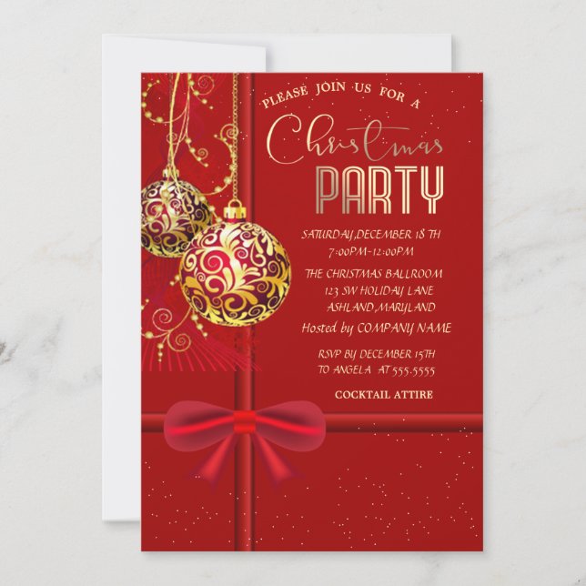 Elegant Red Bow,Christmas Balls Christmas Company  Invitation (Front)